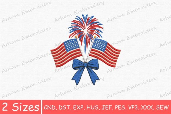American Flag Fireworks with Bow: A Festive Embroidery Design