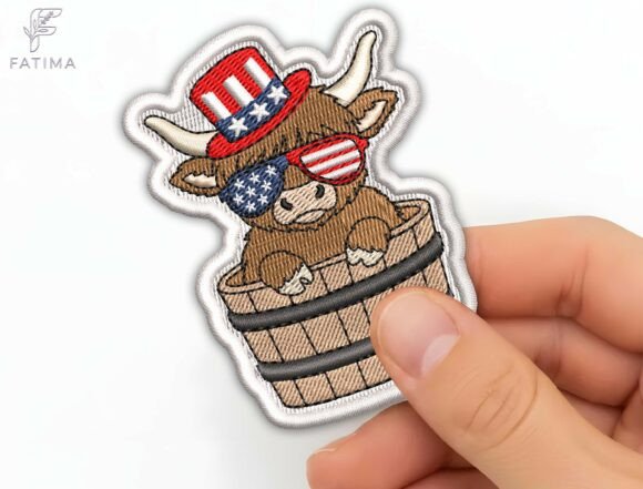 Cute and Patriotic: Highland Cow Embroidery Design