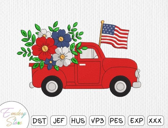 Patriotic Red Truck with Flowers Embroidery